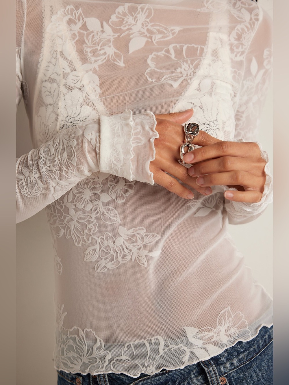 Free people intimately Sheer Floral Lace Long-Sleeve Top White dainty feminine S